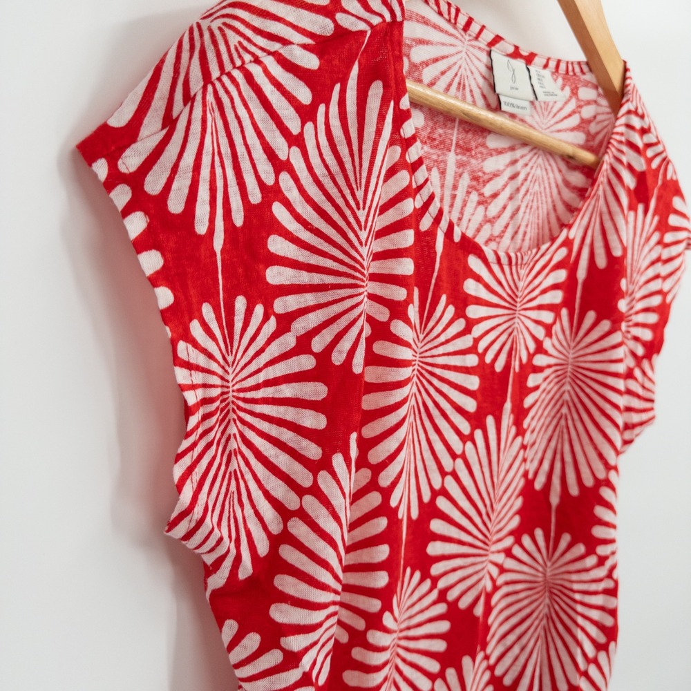 Joie Linen Top Womens Large Red White Palm Leaf Print Short Sleeve Scoop Neck‎ - Picture 3 of 8
